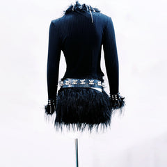 Long sleeve fluffy metal chain belt top