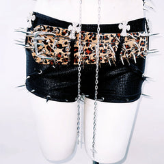 Halter PU leather rivet leopard print top