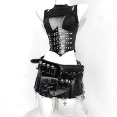 Crewneck hollow out corset PU leather cut out top