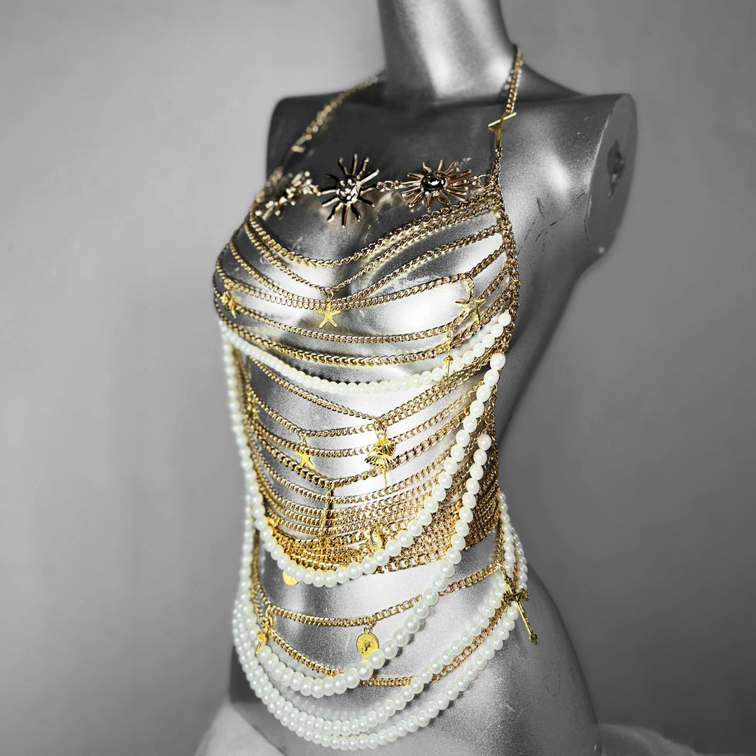 Metal chain beaded halter sun applique top