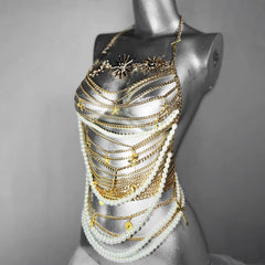 Metal chain beaded halter sun applique top