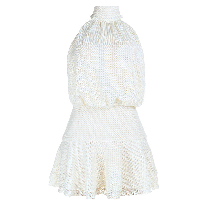 Halter self tie solid backless mini dress