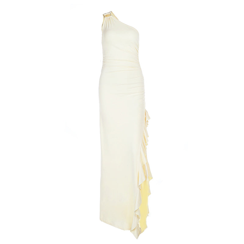 Irregular one shoulder slit ruffle ruched maxi dress