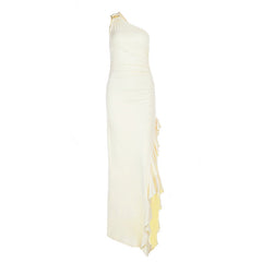Irregular one shoulder slit ruffle ruched maxi dress
