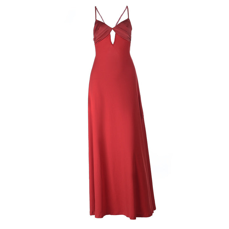 Hollow out v neck backless solid cami cut out maxi dress