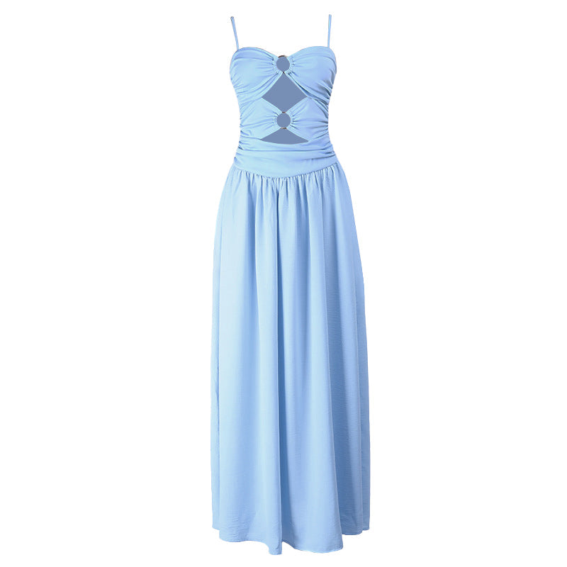 O ring hollow out ruched backless cami cut out maxi dress