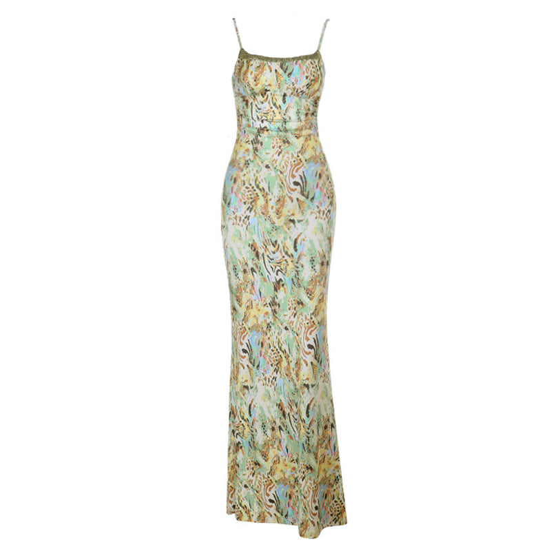 Glitter square neck print self tie cami maxi dress