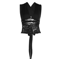 V neck lace patchwork self tie solid top
