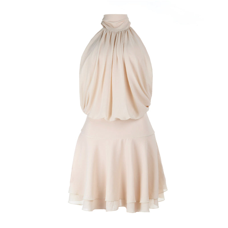 Ruched self tie halter chiffon zip-up mini dress