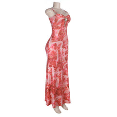 Hollow out flower applique print cami cut out maxi dress