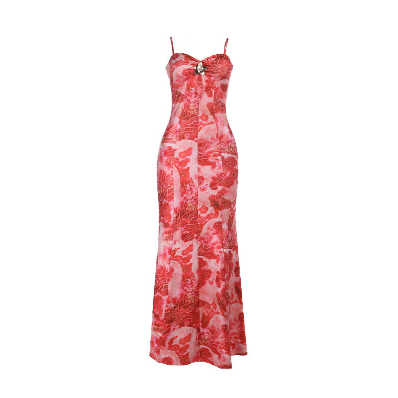 Hollow out flower applique print cami cut out maxi dress
