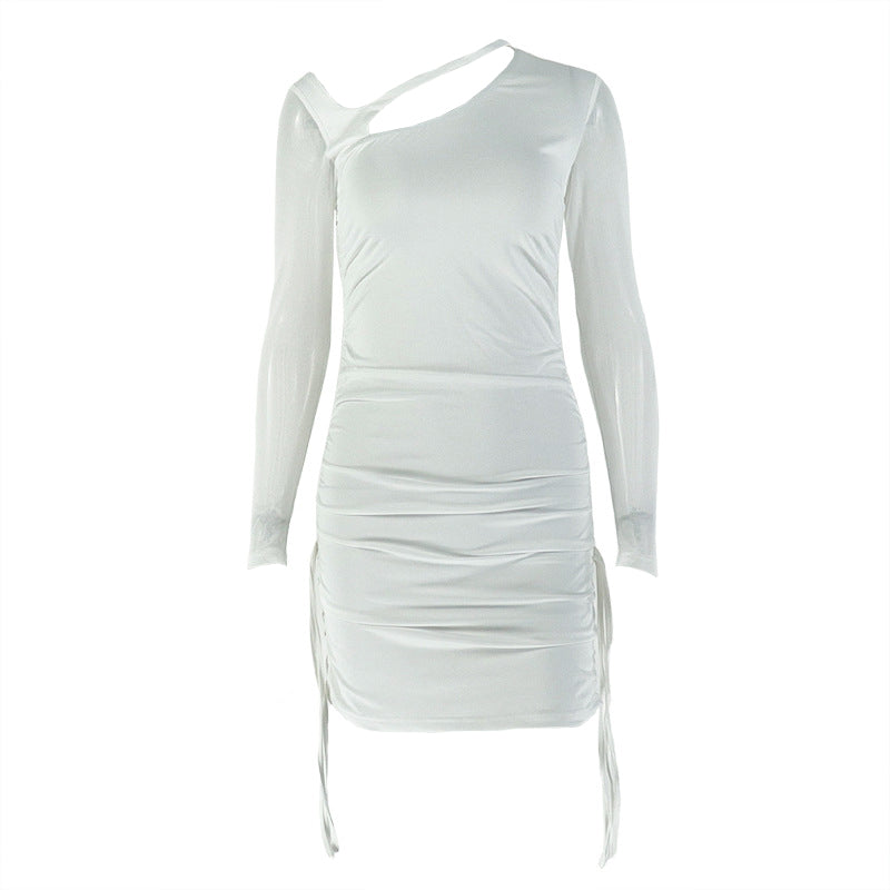 Long sleeve mesh hollow out ruched cut out mini dress