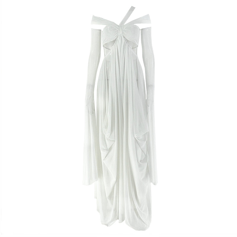 Gloves mesh hollow out ruched cut out maxi dress