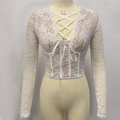 Long sleeve self tie hollow out solid cut out top