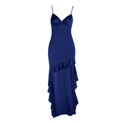 Irregular ruffle v neck satin cami midi dress