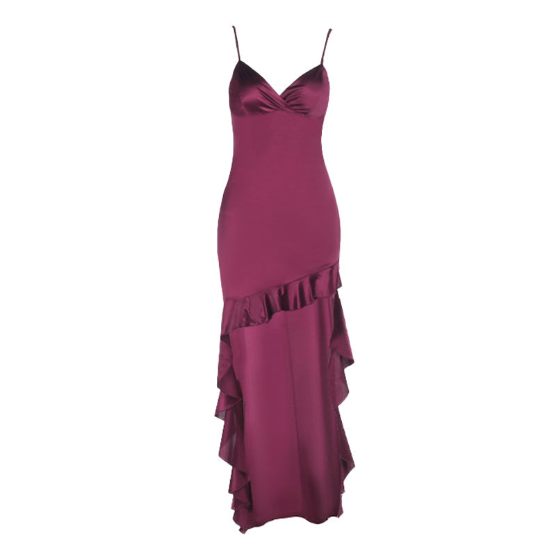 Irregular ruffle v neck satin cami midi dress