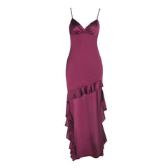 Irregular ruffle v neck satin cami midi dress