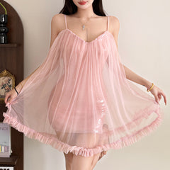 Glitter mesh v neck ruffle cami mini dress