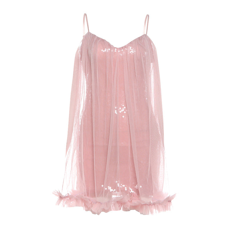 Glitter mesh v neck ruffle cami mini dress