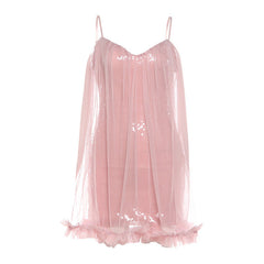 Glitter mesh v neck ruffle cami mini dress