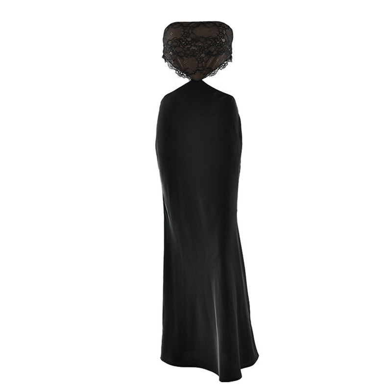 Lace hem zip-up backless tube maxi dress