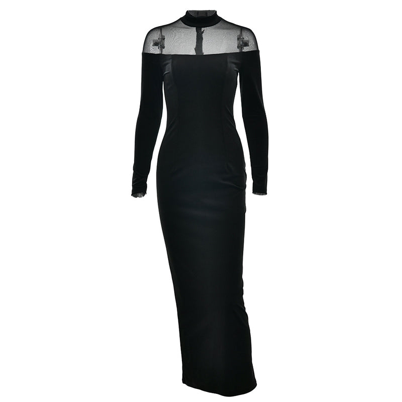 Long sleeve mesh zip-up crewneck midi dress