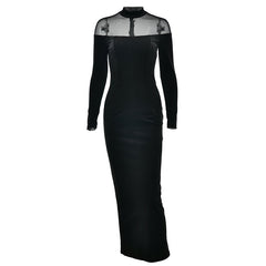 Long sleeve mesh zip-up crewneck midi dress