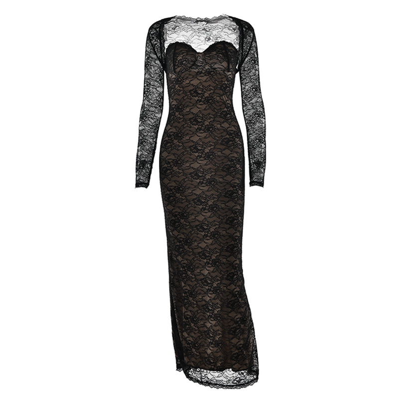 Long sleeve lace sweetheart neck 2 piece maxi dress