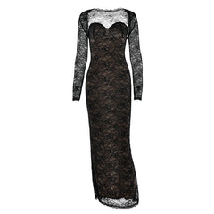 Long sleeve lace sweetheart neck 2 piece maxi dress