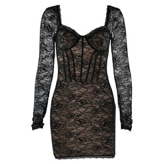 Lace long sleeve v neck backless mini dress