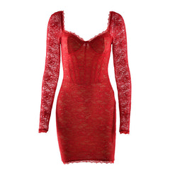 Lace long sleeve v neck backless mini dress