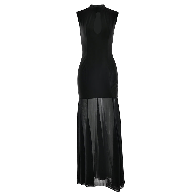 Hollow out crewneck zip-up sleeveless cut out maxi dress