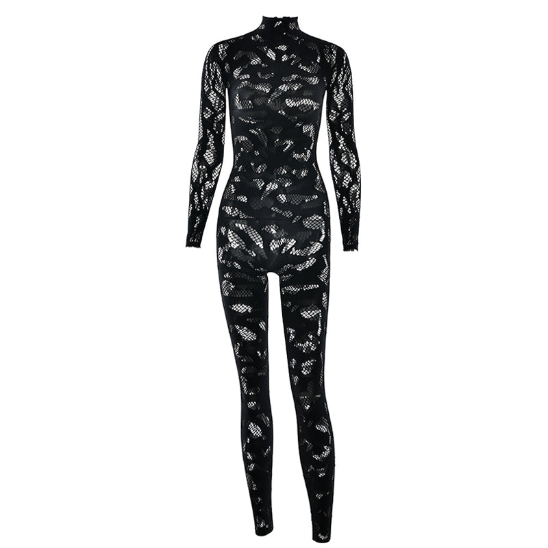 Long sleeve hollow out see through solid jumpsuit