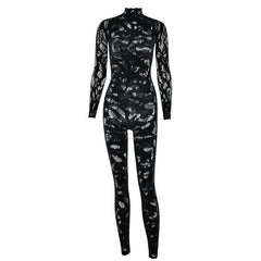 Long sleeve hollow out see through solid jumpsuit