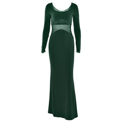 Long sleeve u neck mesh patchwork maxi dress
