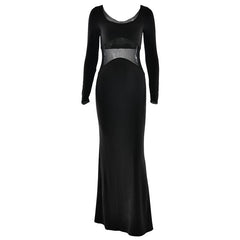 Long sleeve u neck mesh patchwork maxi dress