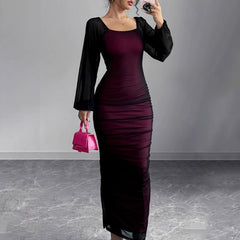 U neck long sleeve mesh slit midi dress