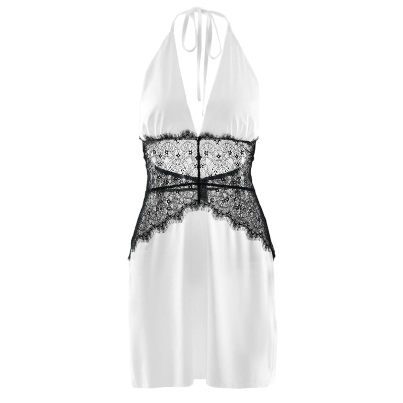 Halter self tie v neck lace zip-up mini dress