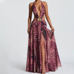 Beaded deep v neck slit cross back self tie maxi dress