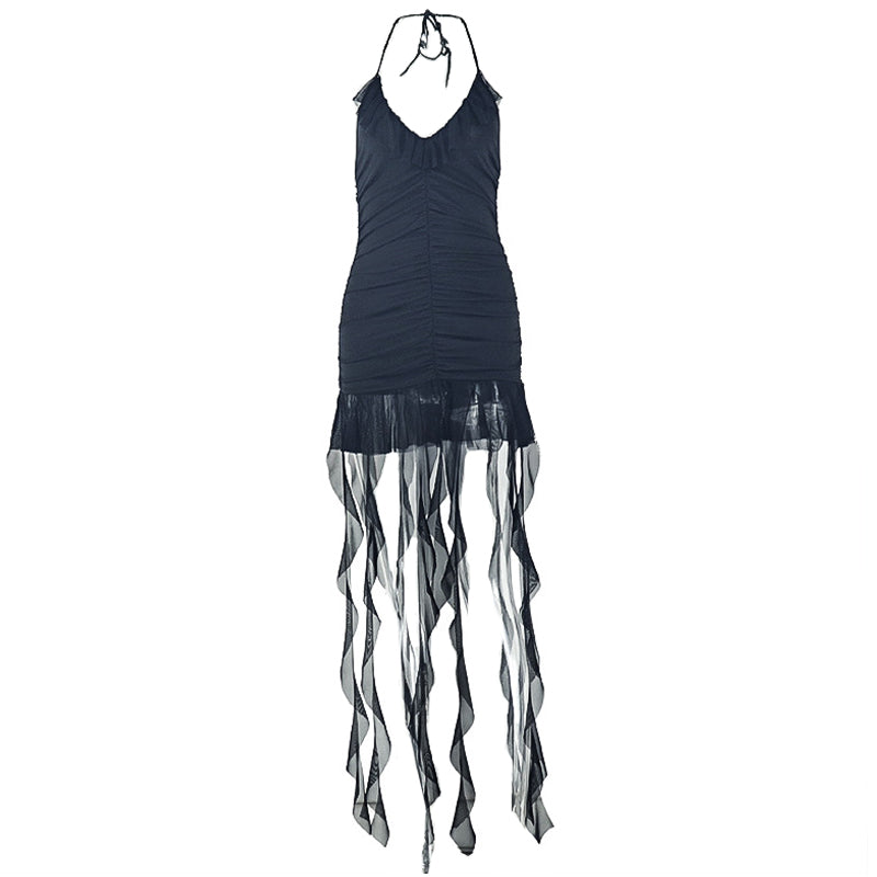 Halter self tie v neck ruched mini dress