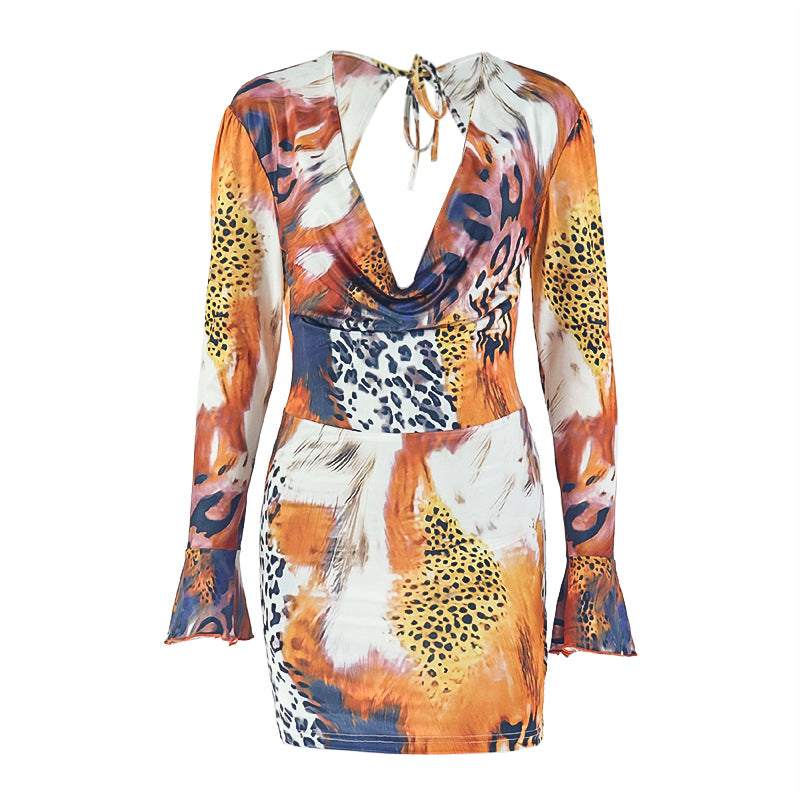 Cowl neck self tie print long flared sleeve mini dress