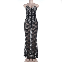 V neck lace backless cami maxi dress