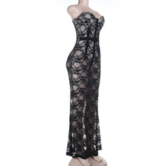 V neck lace backless cami maxi dress