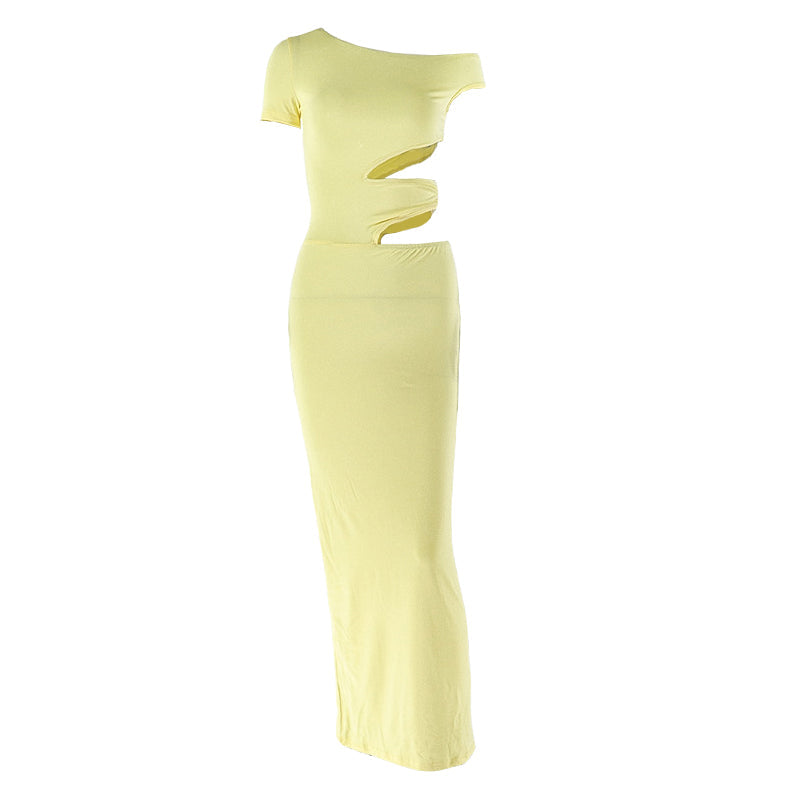 Irregular short sleeve hollow out one shoulder cut out maxi dress