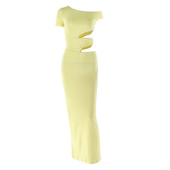 Irregular short sleeve hollow out one shoulder cut out maxi dress