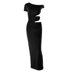 Irregular short sleeve hollow out one shoulder cut out maxi dress