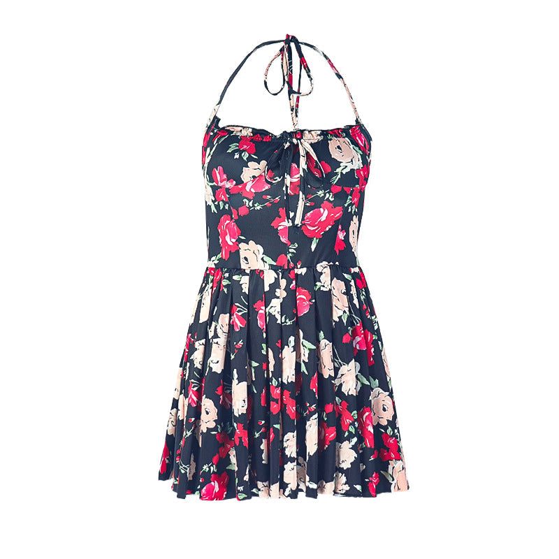 Self tie halter flower print ruched mini dress