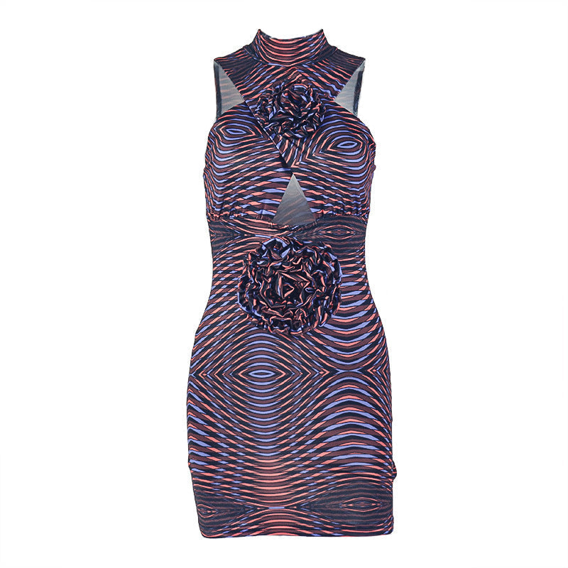 Hollow out flower applique print crewneck cut out mini dress