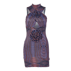 Hollow out flower applique print crewneck cut out mini dress