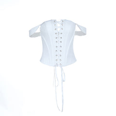 Off shoulder self tie button corset tube top